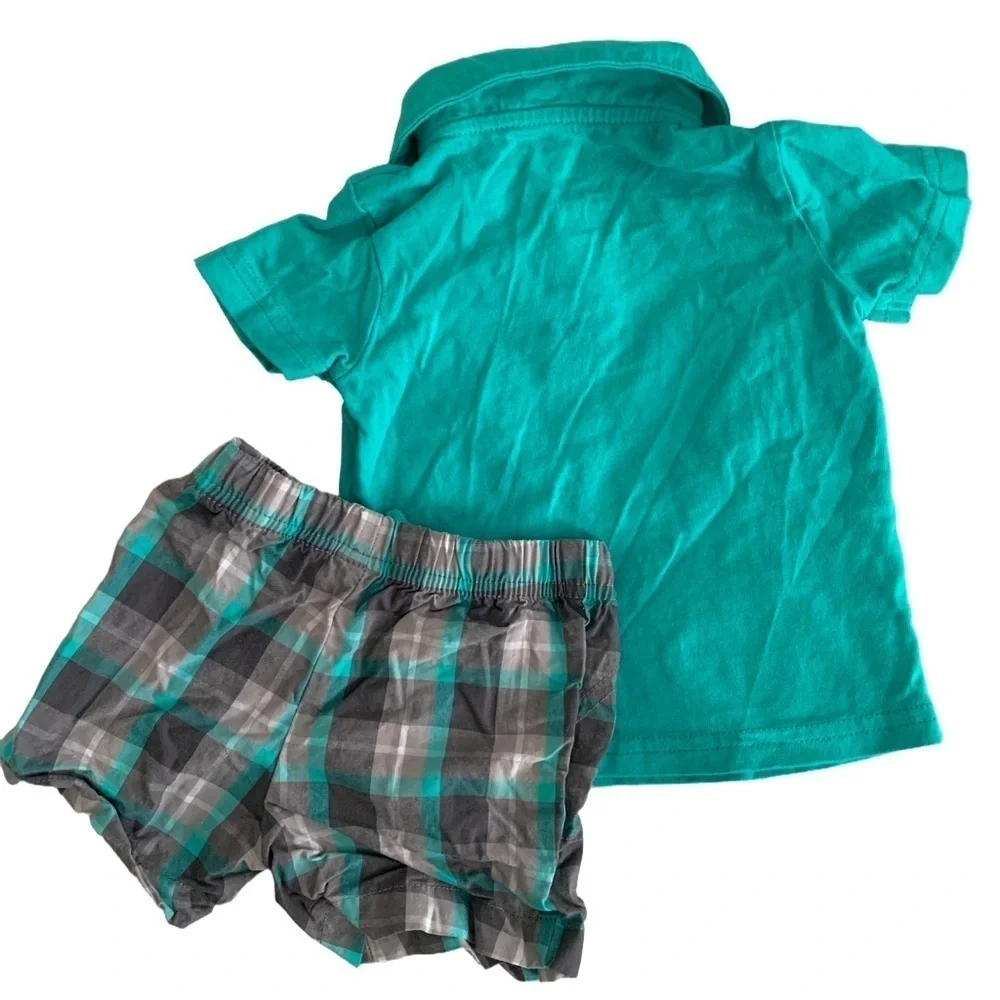 Carter's Turquoise Shirt and Gray Plaid Car Shorts Set
